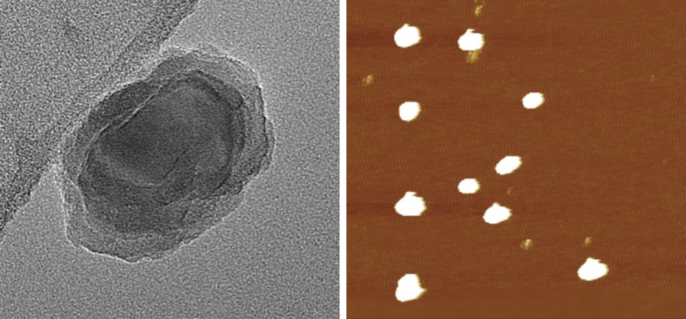 Diptych of a black-and-white nanodiamond in close-up and ten nanodiamonds forming a letter "R" against a brown background.