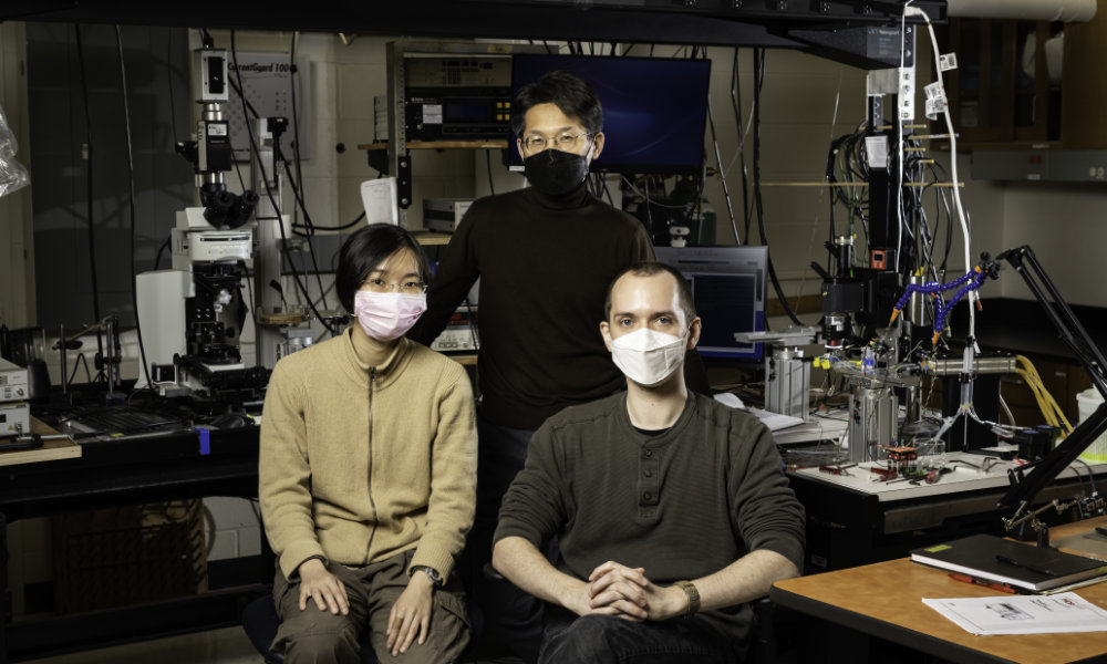 Three researchers in masks pose for a portrait in Jong-Hoon Nam's lab.