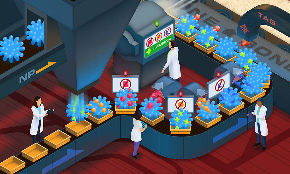 Feature image Illustration of workers in lab coats along an assembly line analyzing cancer-fighting micheliolide analogs in nanoparticles.