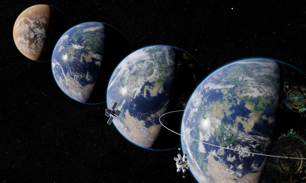 Photo-illustration of four versions of Earth to illustrate evolution of planetary intelligence.