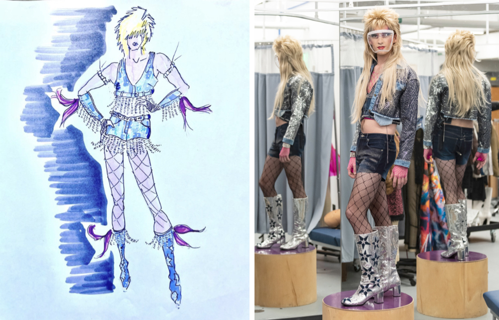 Diptych depicting an illustration of a Hedwig costume next to a person wearing the finished costume.