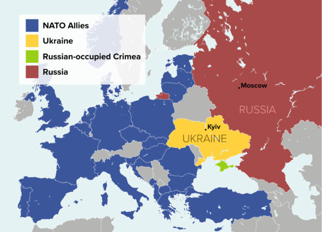 A map of Europe shows the NATO allies on one side of Ukraine and Russia on the other