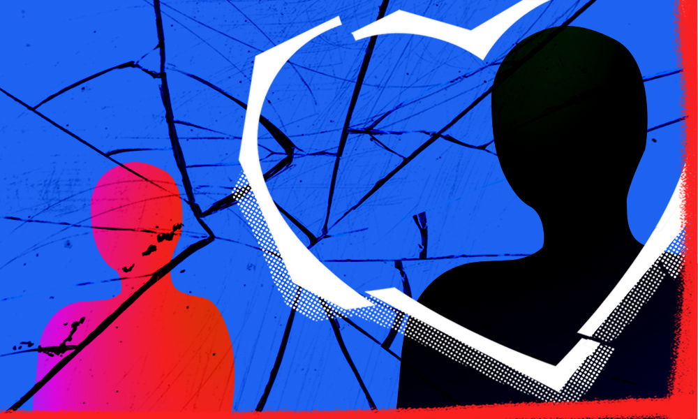 Illustrations of outlines of two people along with a broken heart shape and shattered glass.