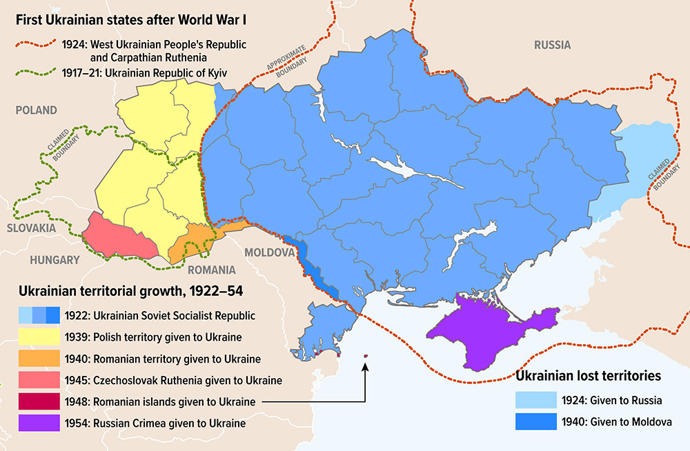 map showing the first Ukrainian states after World War I