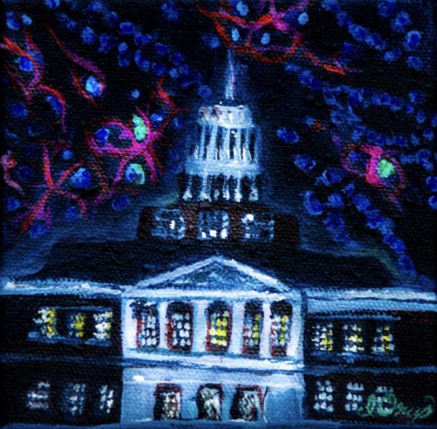 acrylic painting or Rush Rhees Library at night inspired by research on salivary gland development .