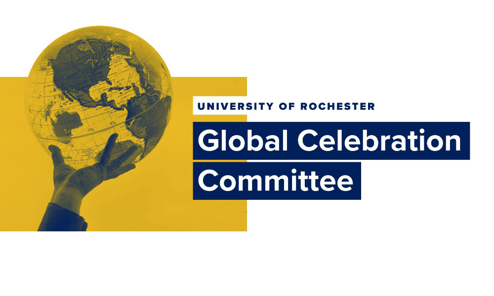 Feature image Yellow-and-blue-hued hand holding globe next to the words "University of Rochester Global Celebration Committee."