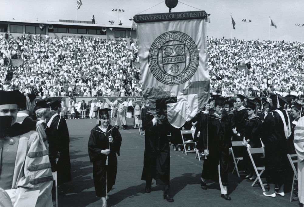 Black and white image of 1988 commencement in Fauver Stadium.