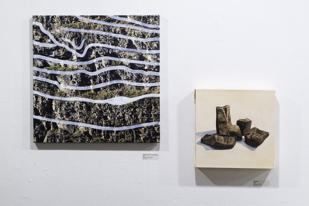 two artworks containing rocks hanging on a gallery wall.