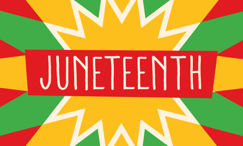 Feature image Illustration of the word Juneteenth with bright yellow, white, red, and green colors.