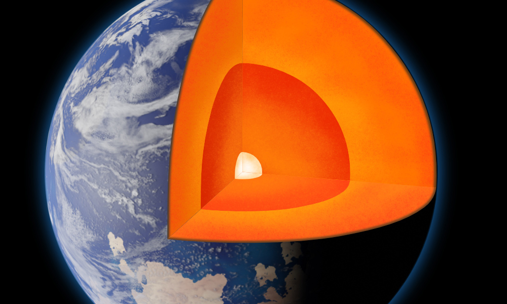 an illustration of a cross-section of the Earth, showing the inner and outer cores.