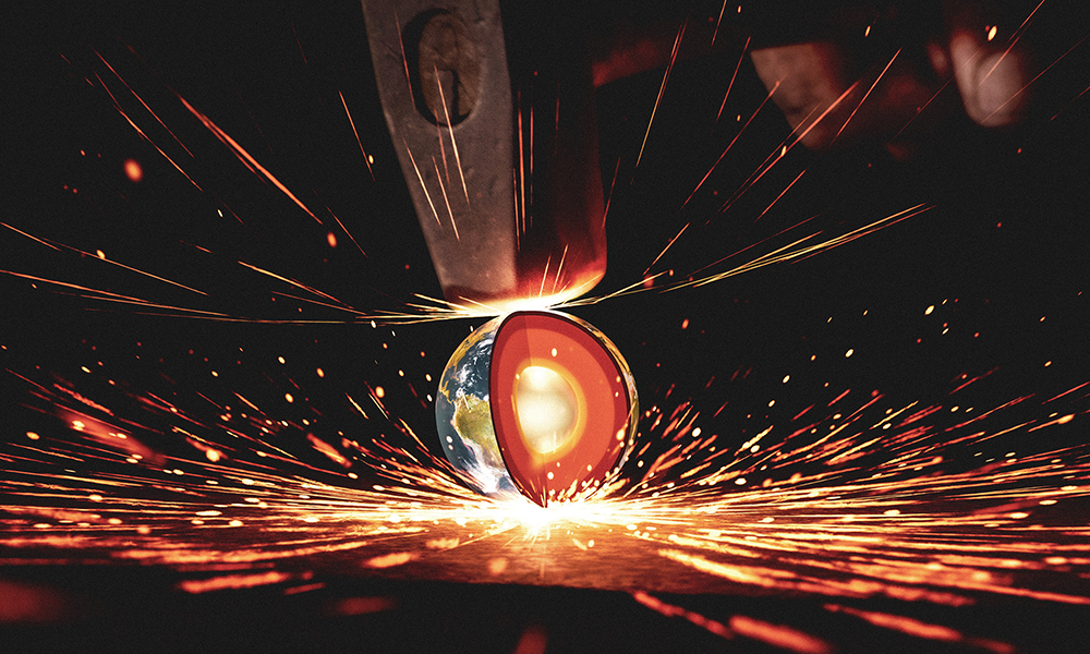 illustration of planet being smashed by a sledgehammer resulting in sparks surrounding the planet.