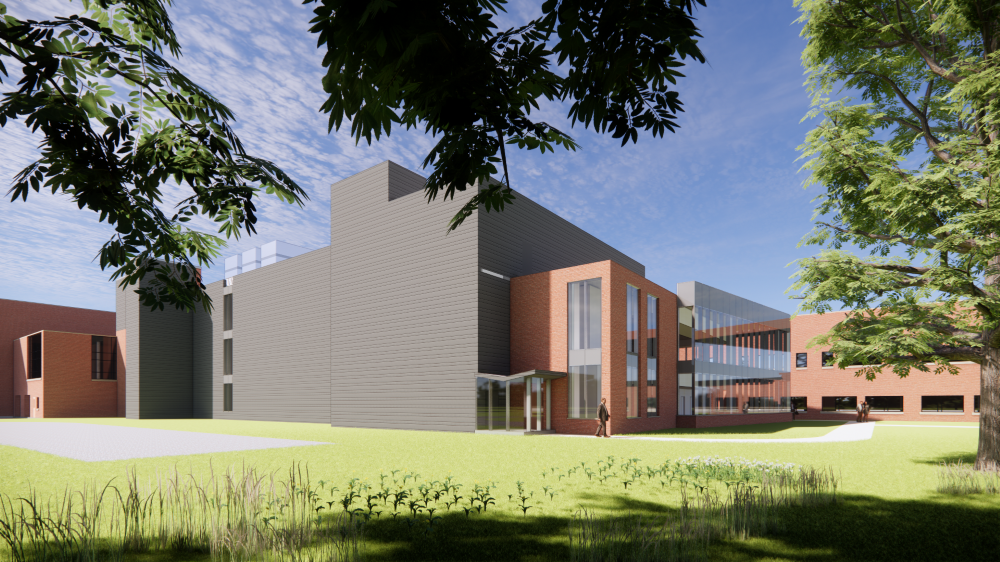 outdoor architectural rendering of laser lab building expansion.