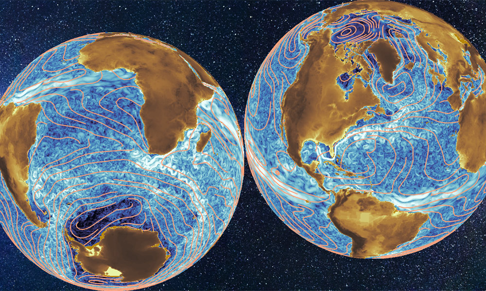 Illustration shows two views of the Earth, one focused on Antarctica and one focused on the Arctic, show ocean currents with gold lines.