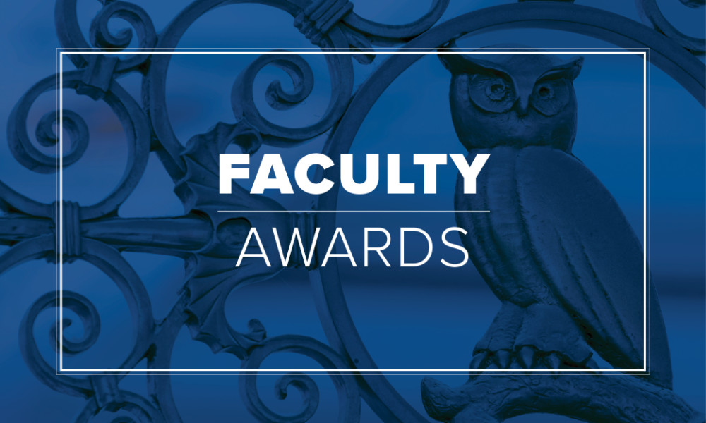 White text reads "Faculty Awards" against a blue-colored background image of architectural detail featuring an ironwork owl and vines.