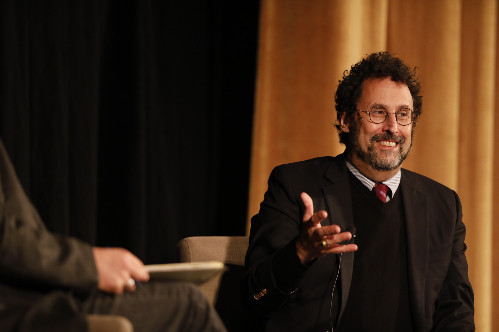 Tony Kushner in conversation on stage at the University of Rochester's Meliora Weekend. 