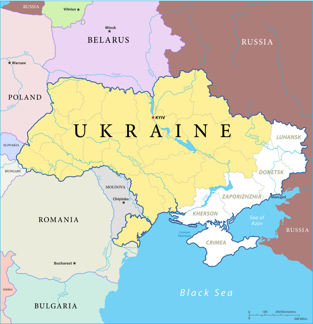 Map of Ukraine with regions labeled to illustrate ukraine war update.