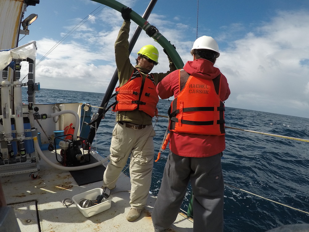 two researchers wearing hard hats hold a large hose off the side of a research vessel.