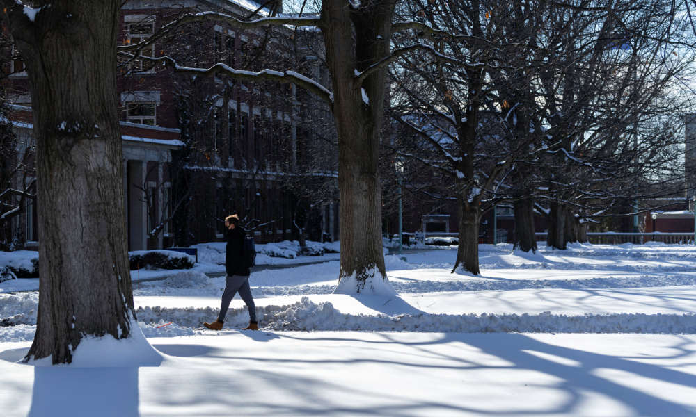 Student walks through plowed paths of the Eastman Quadrangle in winter.