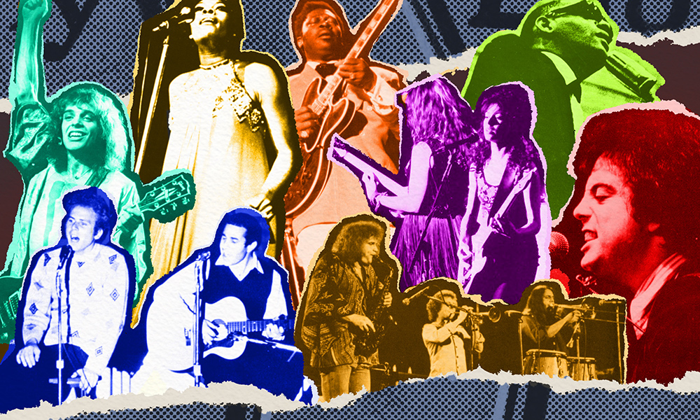 Feature image colorful collage of archival photos of famous musical acts, including Billy Joel, Peter Frampton, BB King, Simon and Garfunkel.