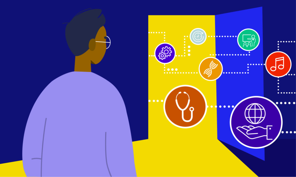 Illustration of a college student looking at an open door of possibilities, depicted by icons representing music, medicine, education, and more, as a result of internships.