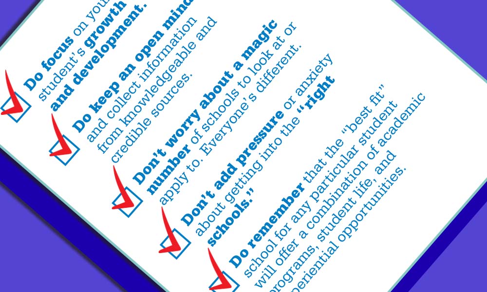 Illustration of a checklist for parents featuring do's and don'ts of helping their child with the college admissions process.
