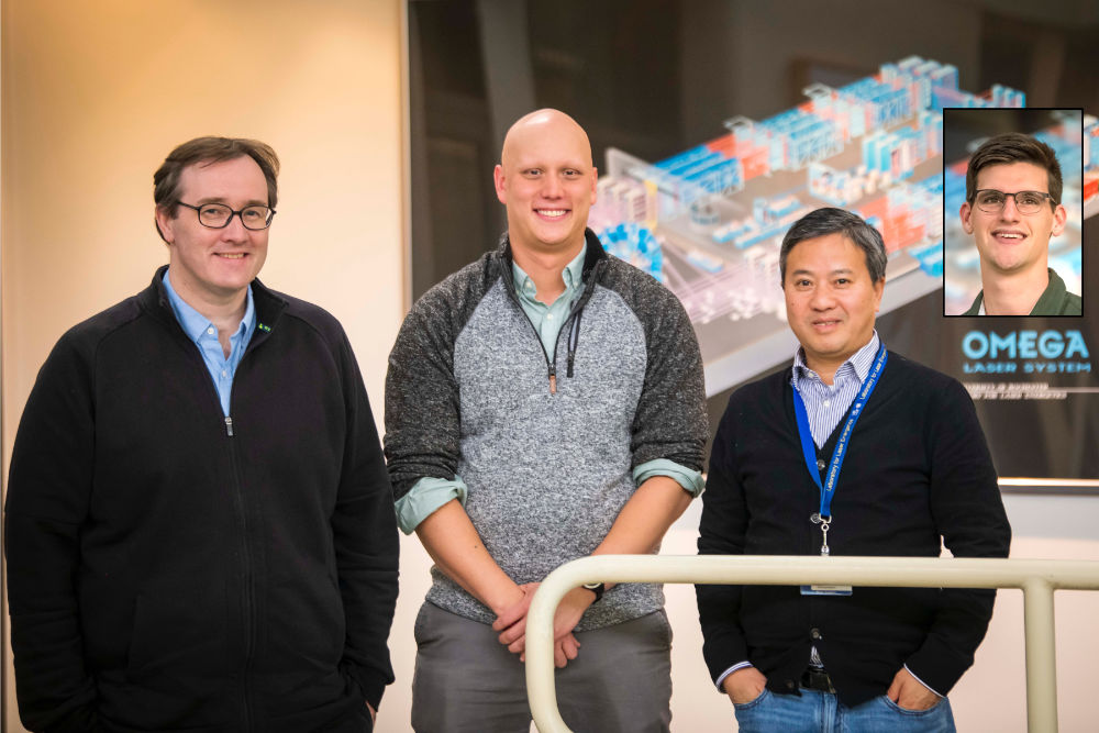 Group photo of Philip Nilson, Alex Chin, and Suxing Hu, with an inset photo of David Bishel.