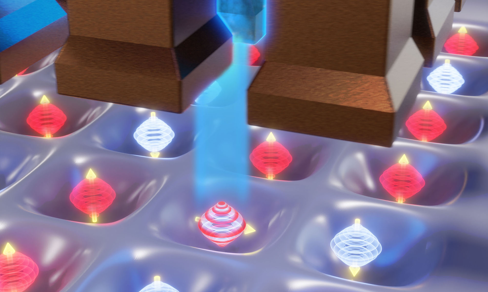 Illustrated array of electrons in silicon, showing electron spin with voltage being applied.