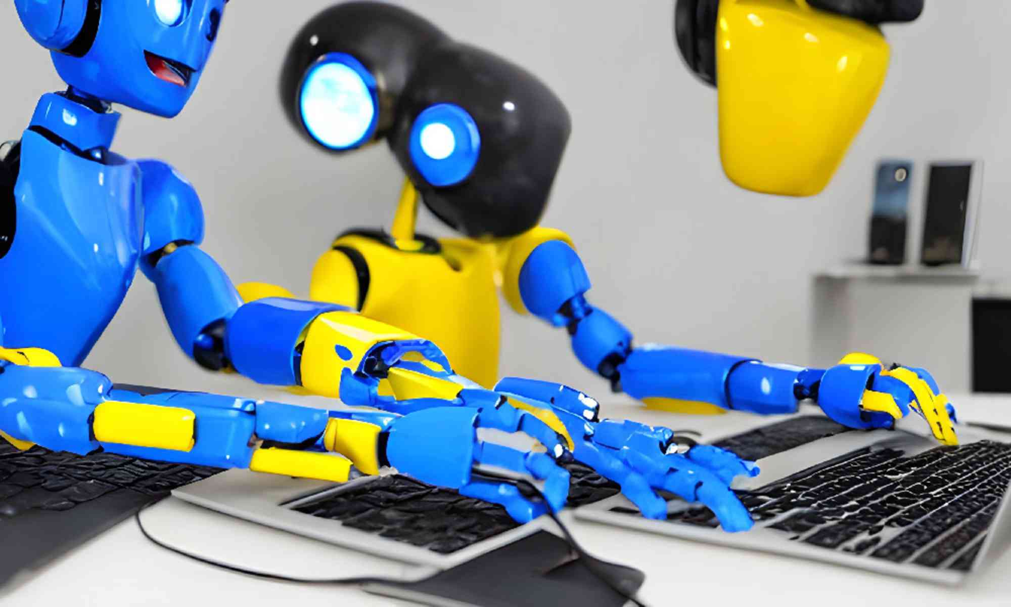 AI-created image of two yellow-and-blue robots working at a laptop.