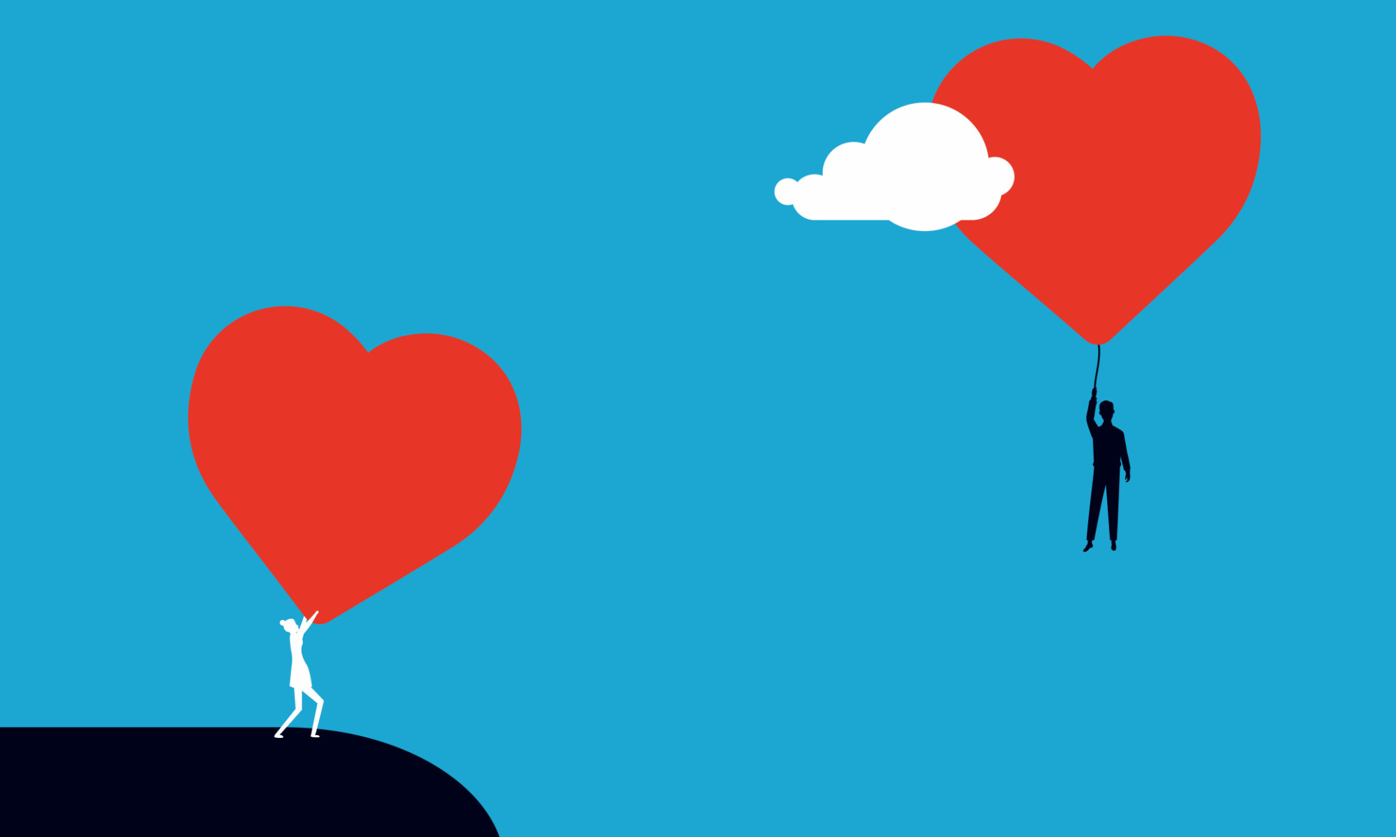 Illustration of finding love and online dating showing a person's outline on the ground holding a heart, while another person's outline floats away with a heart balloon.