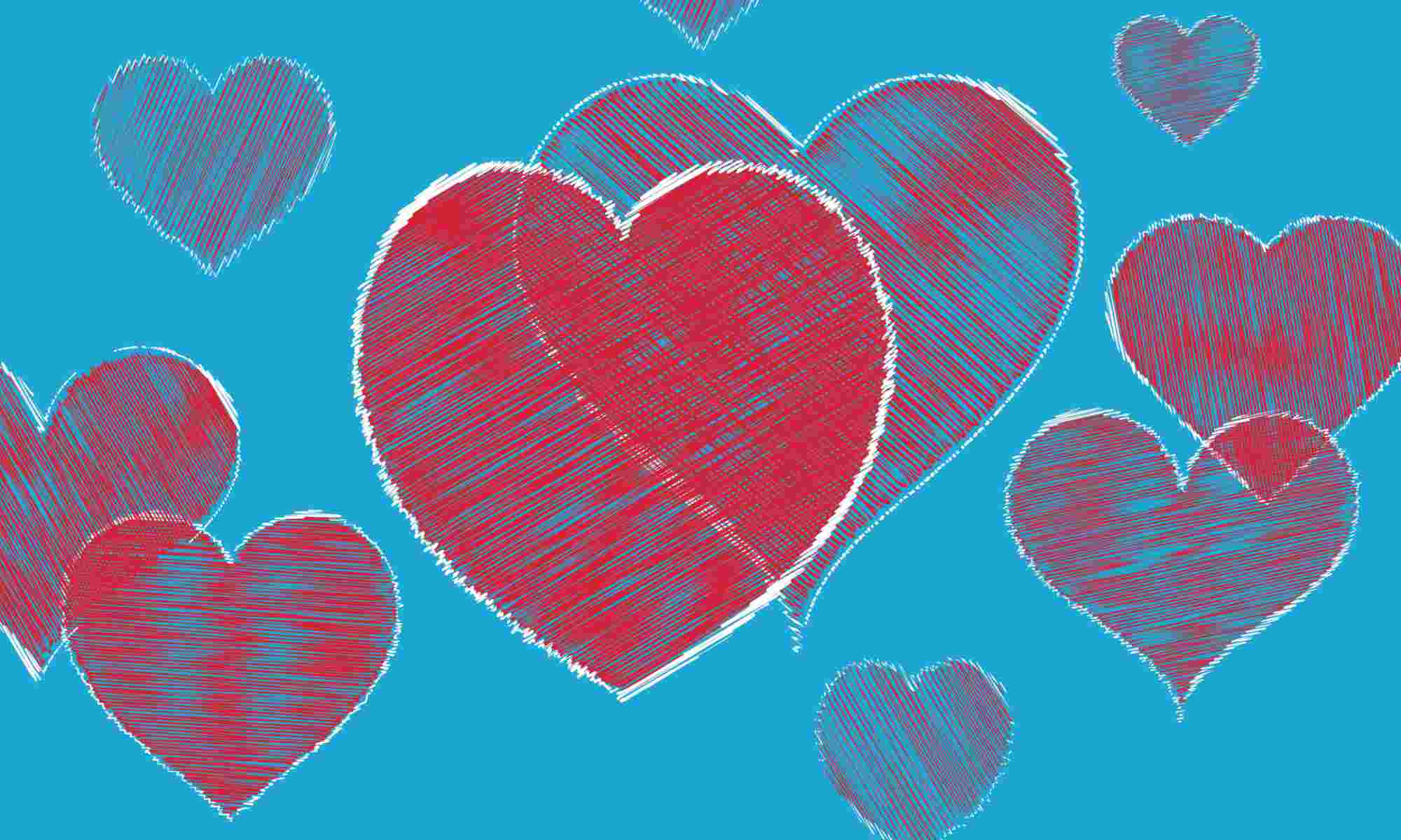 Two hand drawn hearts overlapped surrounded by other hearts against a blue background. 