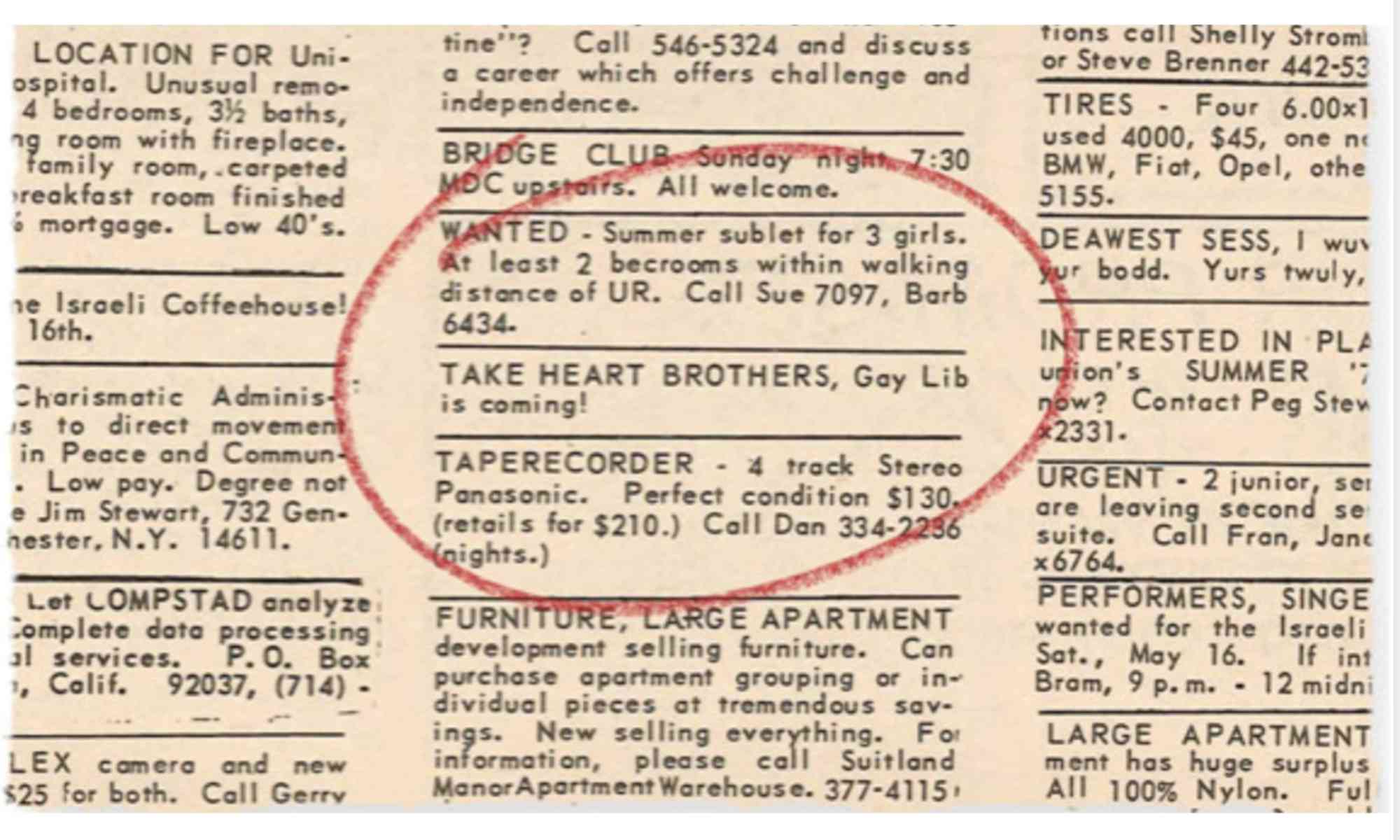 Old newspaper classifieds section with a circled entry that reads 