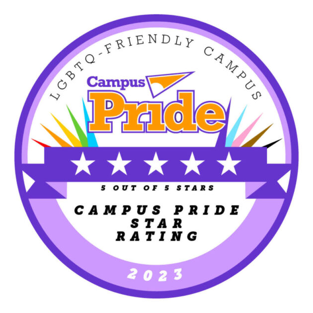 Campus Pride index badge graphic that says "LGBTQ-friendly campus, five out of five stars, campus pride star rating 2023" and recognizes LGBTQ inclusivity at Rochester.