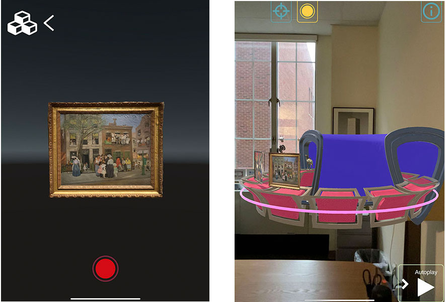 Two app screenshots, side-by-side, one showing a single painting, the other showing the painting mounted on a carousel.