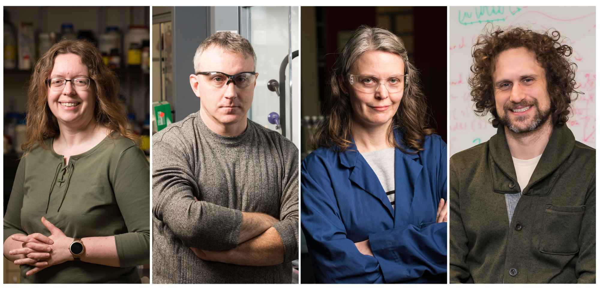 Four vertical environmental photos featuring Anne S. Meyer, Todd Krauss, Kara Bren, and Andrew White.