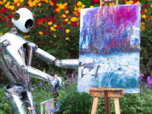 impressionism-style image of a robot painting at an easel.