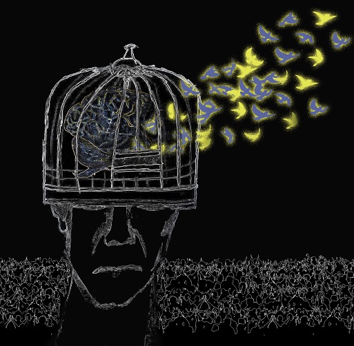 drawing of person's head topped with a cage as blue and yellow birds fly out.