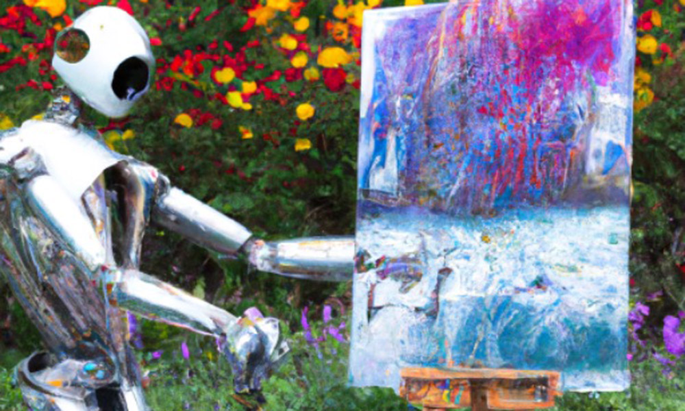 impressionist style image of a robot painting on an easel
