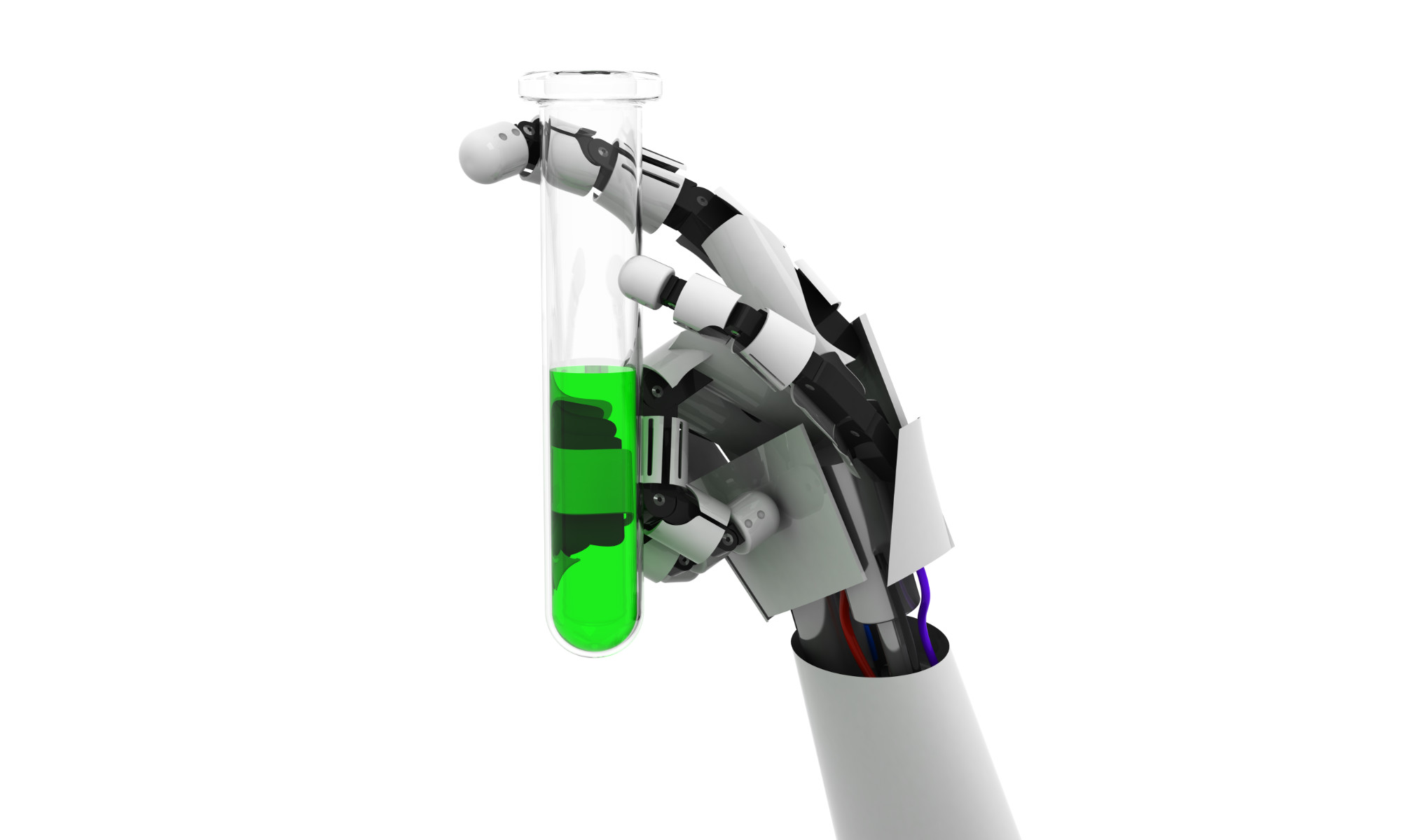 Robot's hand holds a test tube of green liquid.