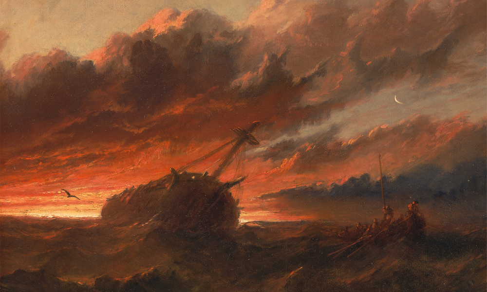 Feature image painting of an 18th century ship in a storm, with the sky both red and dark.