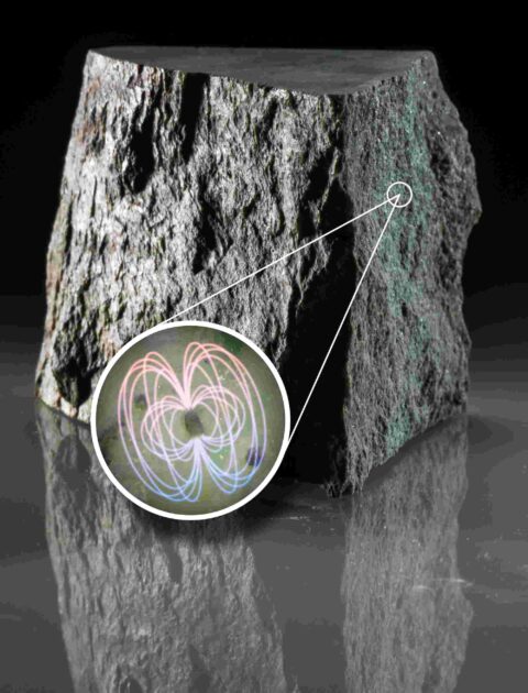 Zircon crystal with inset close-up depicting hypothetical magnetic field lines.