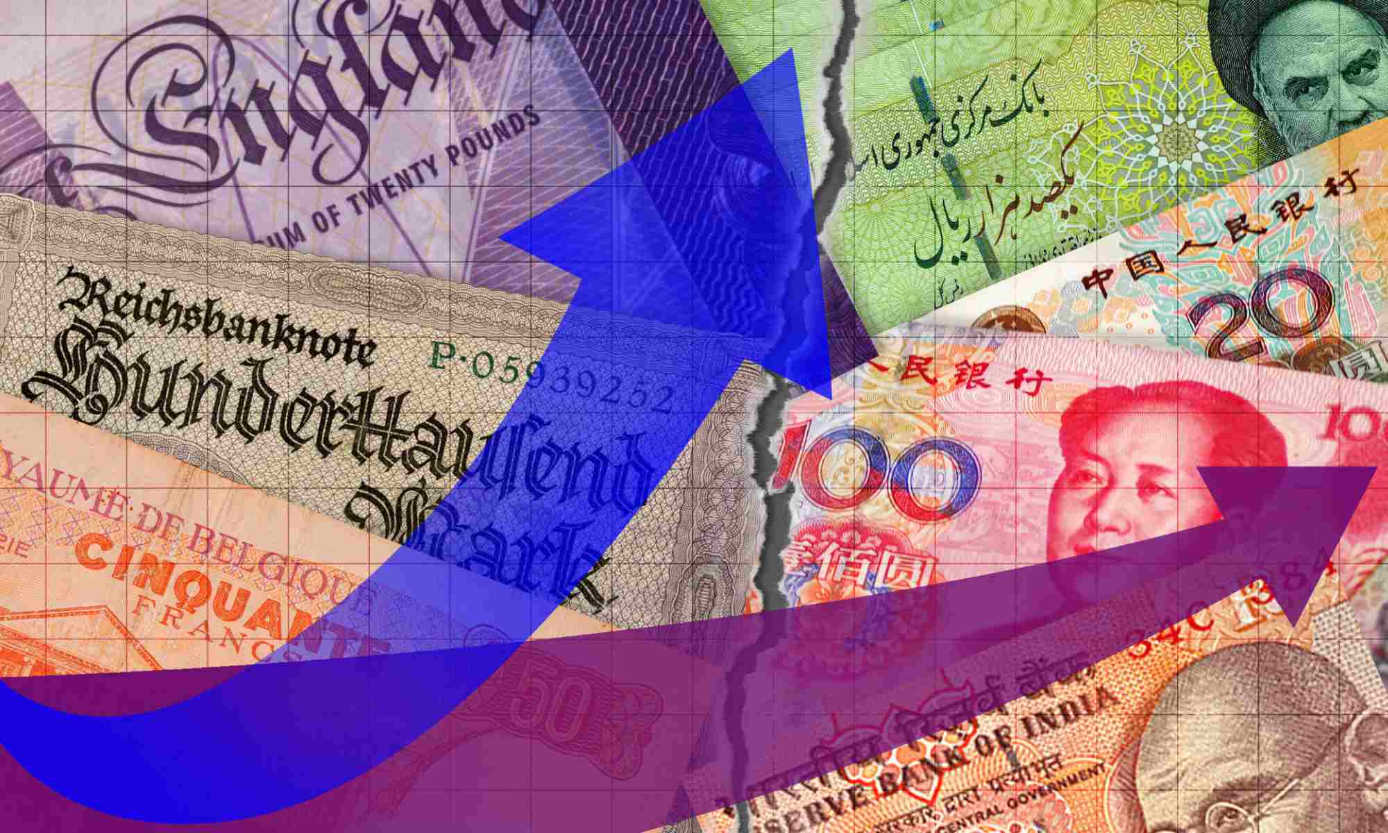 Feature image Various international currencies overlaid with blue and purple arrows that diverge illustrating revenue collection.