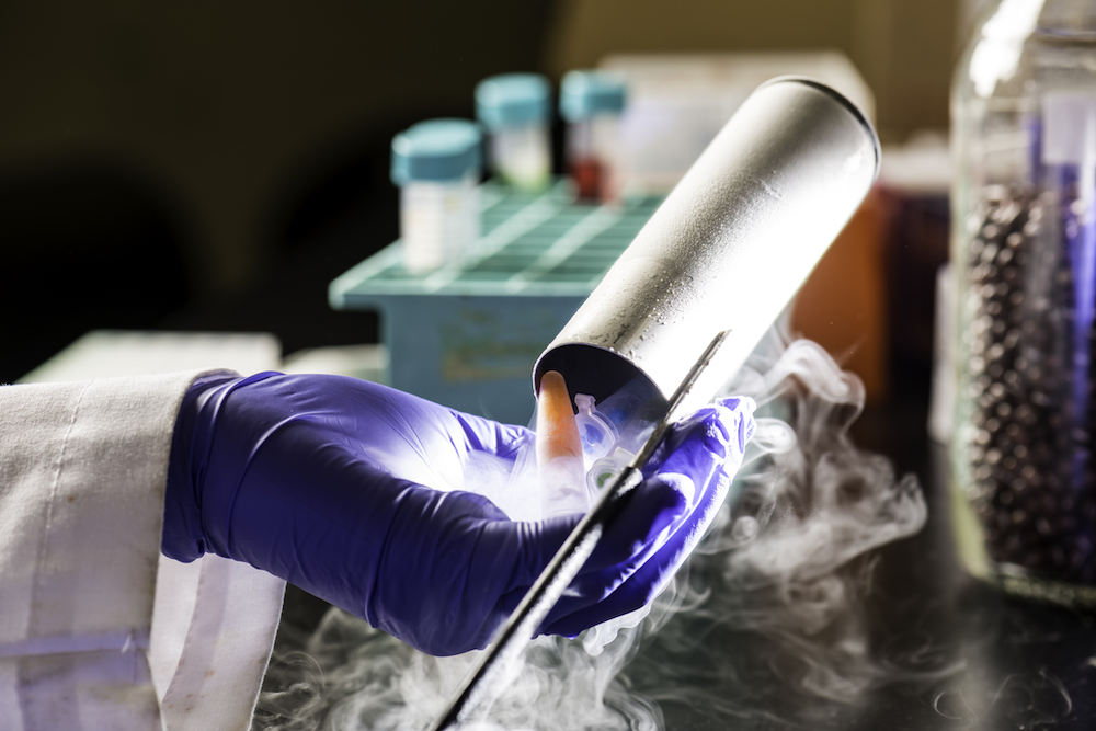 A purple gloved hand holds a frozen item with smoke or condensation wafting from it