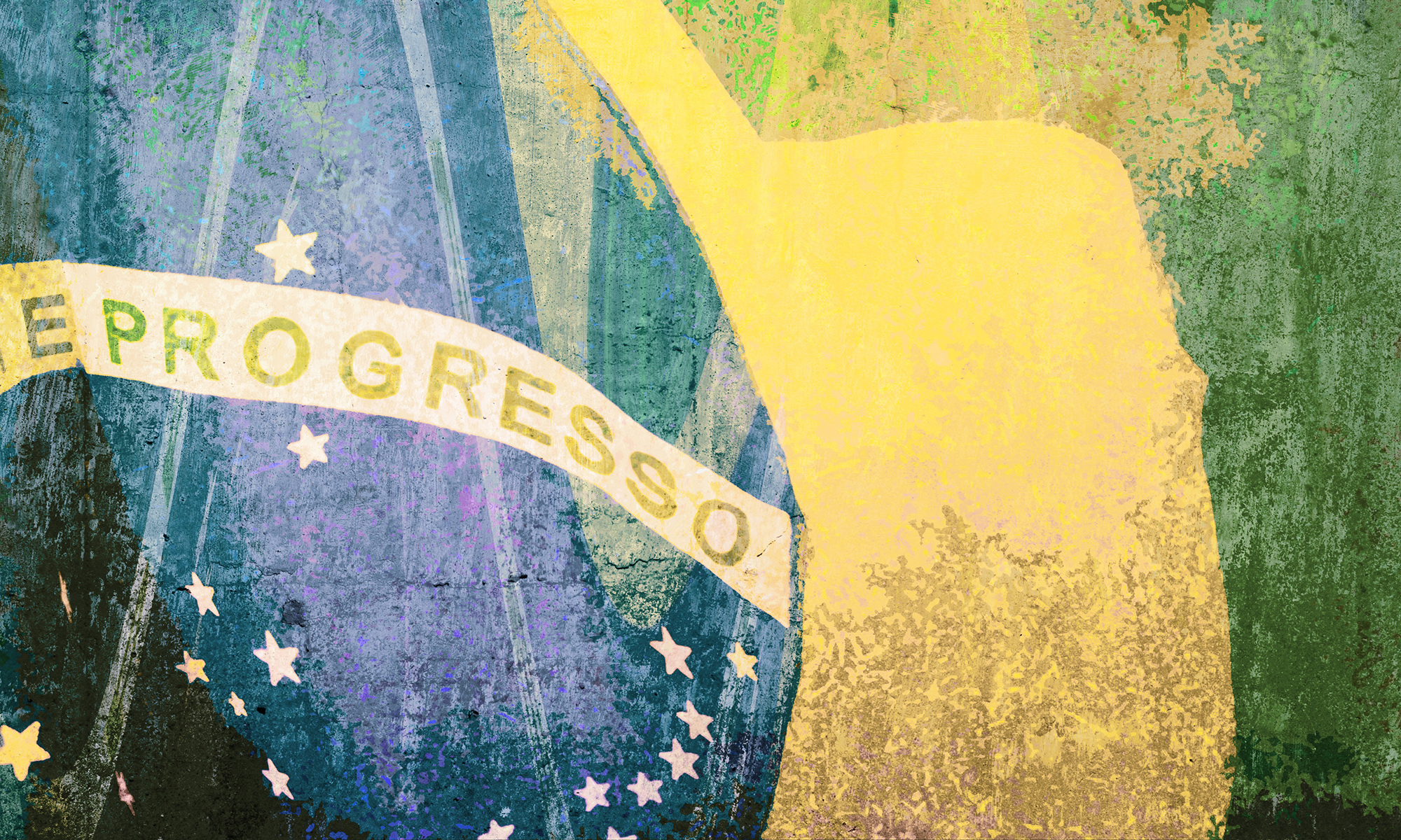 Feature image Close-up of the Brazilian flag with the focus on the word PROGRESSO against a rough surface.