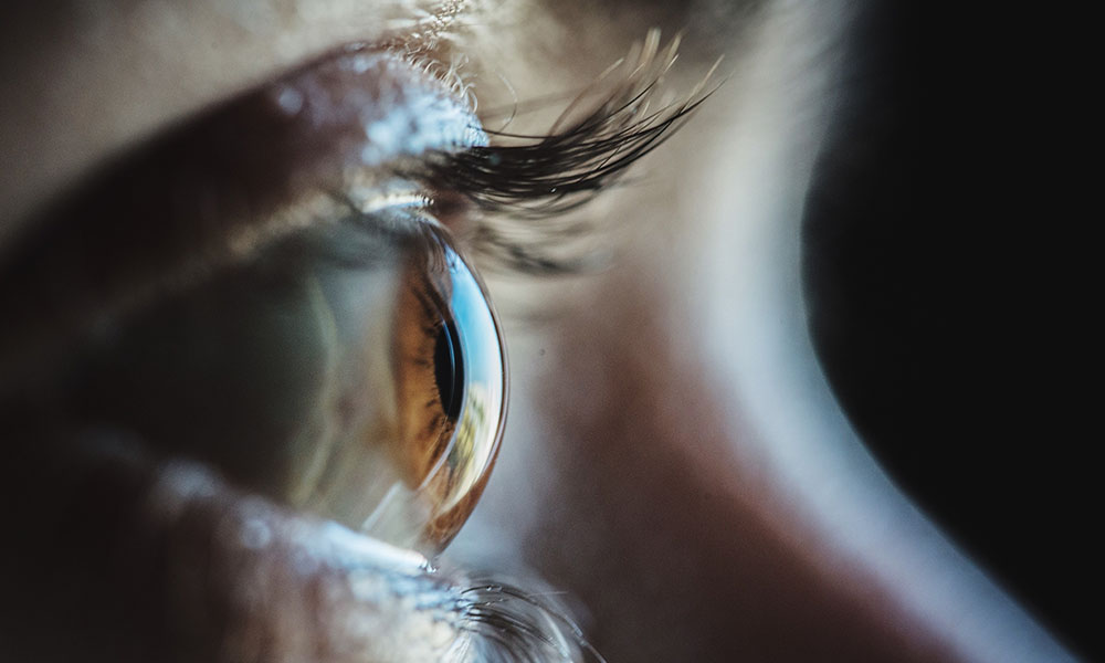 Closeup profile view of eye on woman gazing straight ahead to illustrate fixational eye movement role in vision.