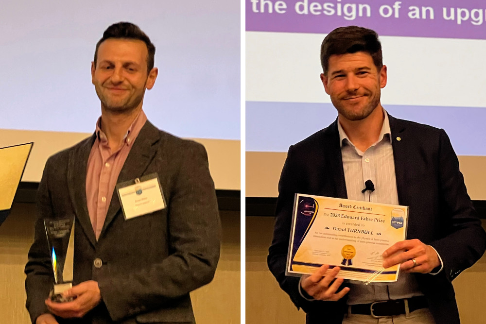 Diptych of Avram Milder and David Turnbull receiving their award at the 2023 IFSA conference.