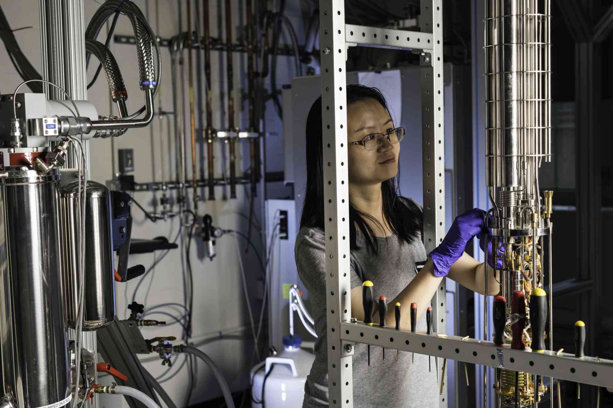 Xinxin Cai studies thermoelectricity using a dilution refrigerator in the lab of John Nichol.