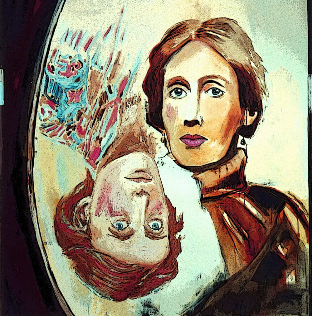 Artwork by Christiaan Tonnis shows two painted images of Virginia Woolf alongside each other, one older and upside down.