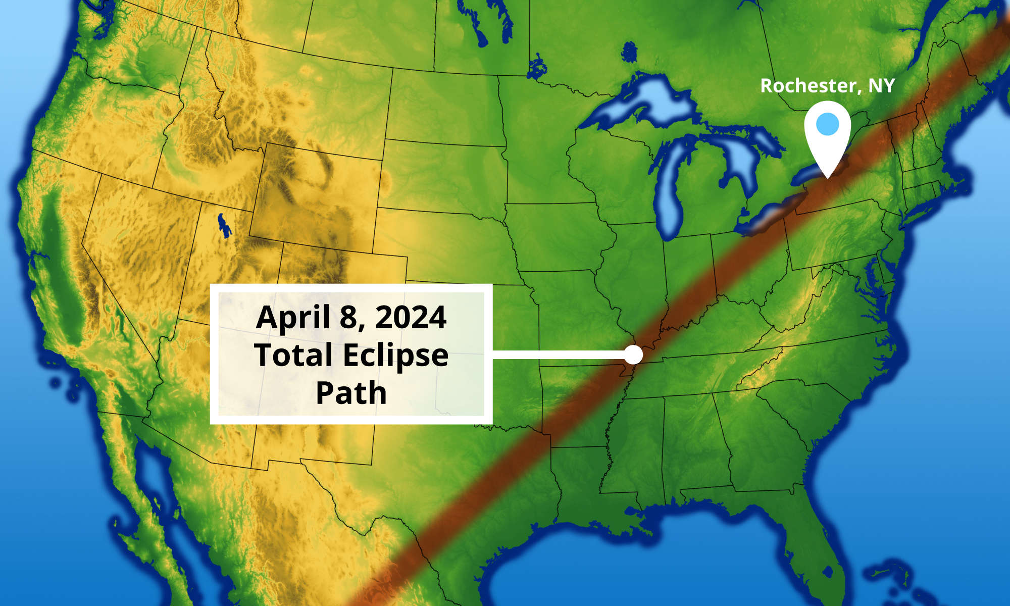 Illustrated map showing the path of the next total solar eclipse on April 8, 2024, with a pin marking Rochester, NY.
