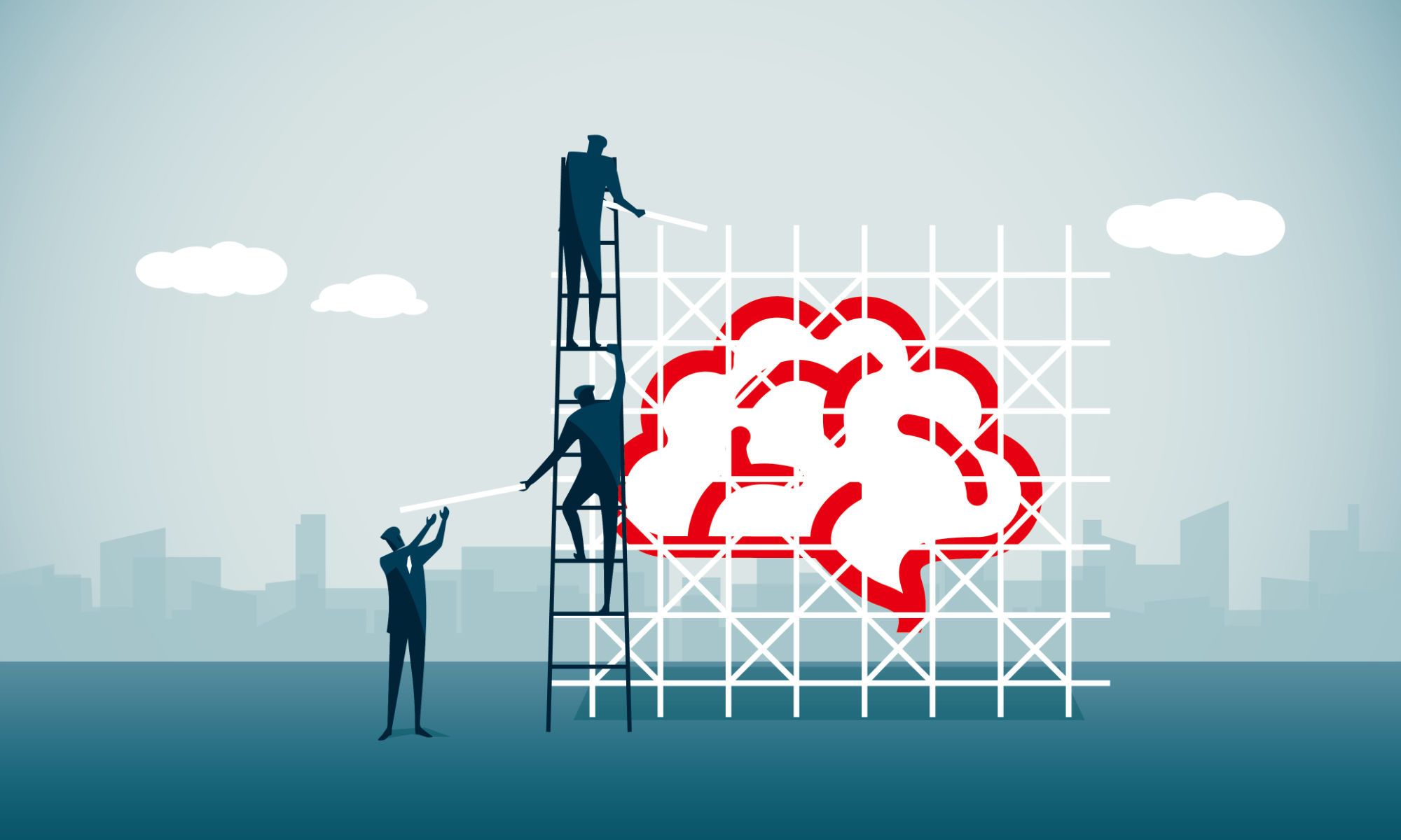 Feature image Illustration of temporal scaffolding shows three human silhouettes placing scaffolding around a brain that appears to be made of clouds with a city skyline in the background.