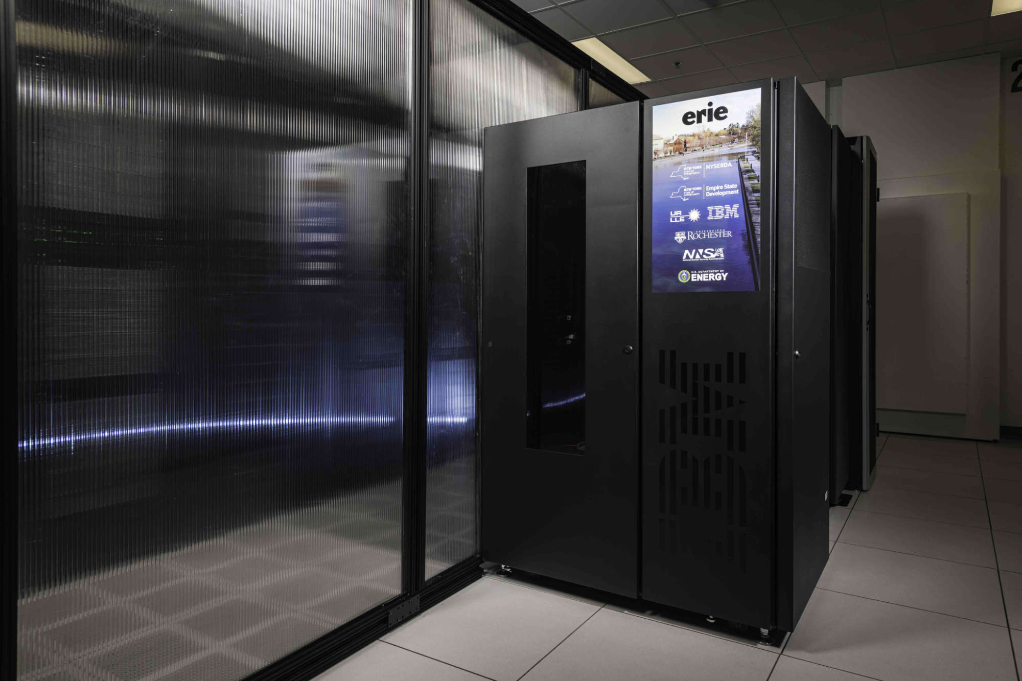 IBM-manufactured storage system for the Conesus supercomputer with a decal affixed to it that says "Erie" and displays state and federal logos. 